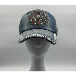Bedazzled Denim Rhinestone, Size 4 Cap Adjustable Strap Hat 100% Cotton, Pre-own